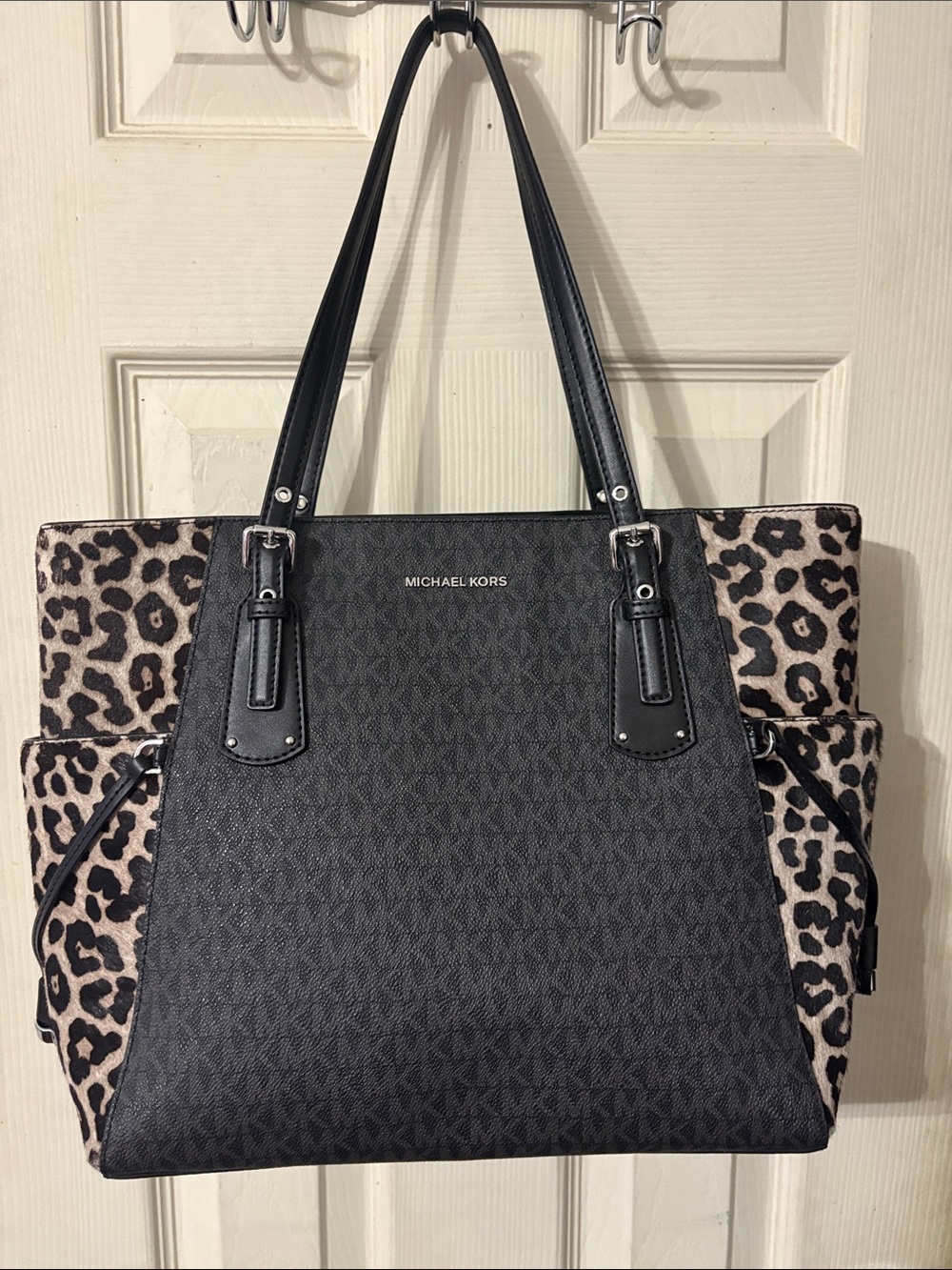 NWT Michael Kors Black Tote with Leopard Accent Panels comes with Dust Bag